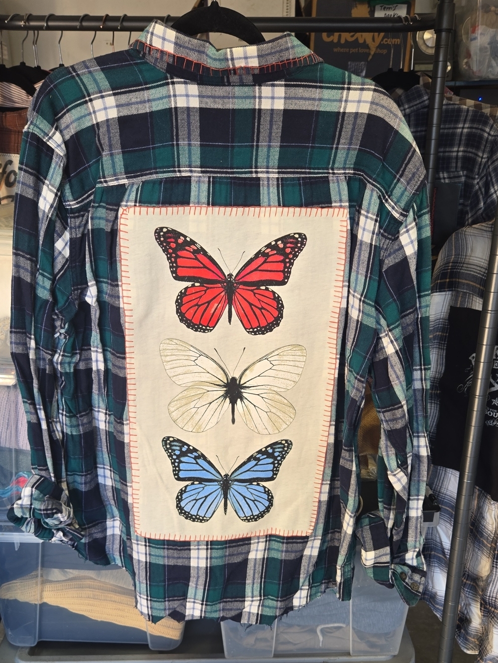 Talbots Green and Blue Plaid Button-Down Shirt with Butterfly Back Patch